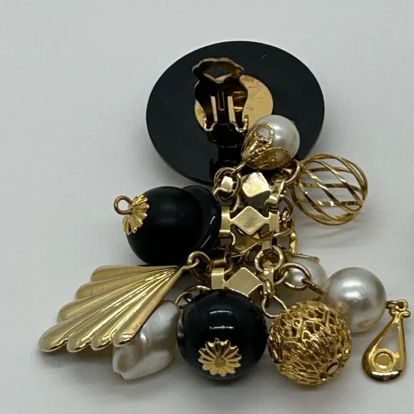 Vintage Gold Black Dangle Earrings Faux Pearl Geometric Retro Runway Chandelier - Picture 9 of 16